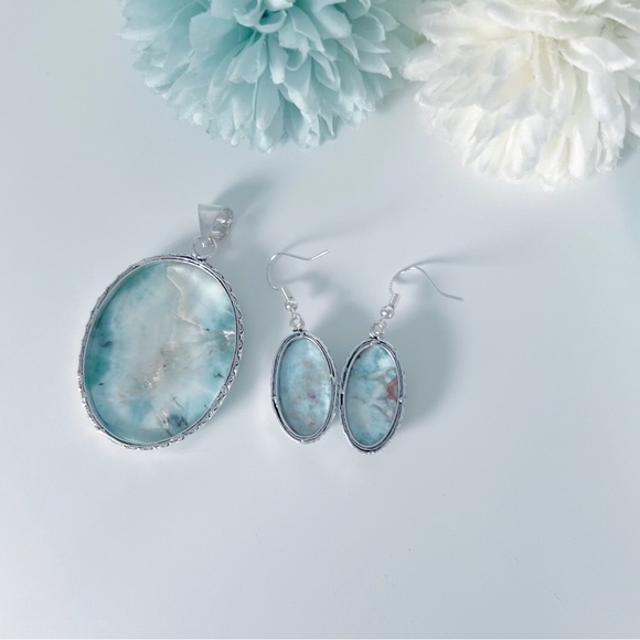 Jewelry Set Extra Chunky Larimar Pendant Necklace and Larimar Earrings New - Picture 5 of 9